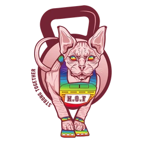 Logo House Of Fit : un chat sphynx dans un kettlebell, harnais arc-en-ciel « H.O.F », devise « Strong together »